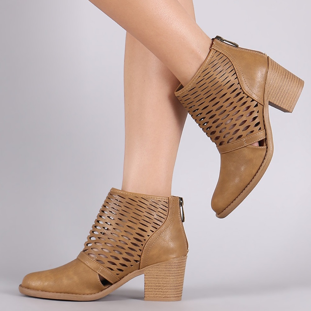 Tan Perforated Western Chunky Heel Ankle Bootie - Picture 1 of 5